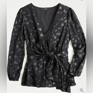 J. Crew Black Tie-waist V-neck Metallic Dot Jacquard Long Sleeve Top in XS